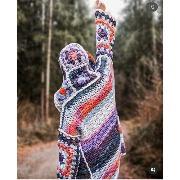 Handmade Sweaters - Rare One Of One Merino Wool Hand Crochet Luxury Granny Hooded Cardigan L-XXL